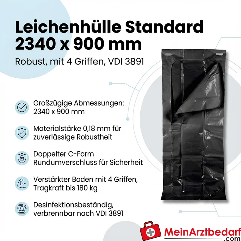 Leichenhülle Standard 2340x900 mm 0,18 mm mit 4 Griffen Tragkraft 180 kg VDI 3891