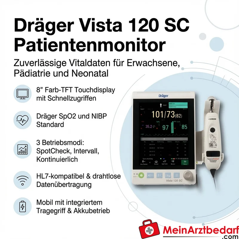 Dräger Vista 120 SC Patientenmonitor SpotCheck 8 Zoll Touchdisplay SpO2 NIBP mobil Akku 240 Min