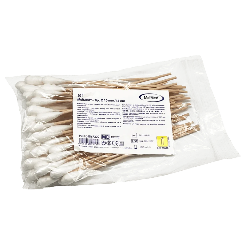 MaiMed - Tip unsteril Wattestäbchen, 15 cm lang, Holzstab | Packung (100 Stück)