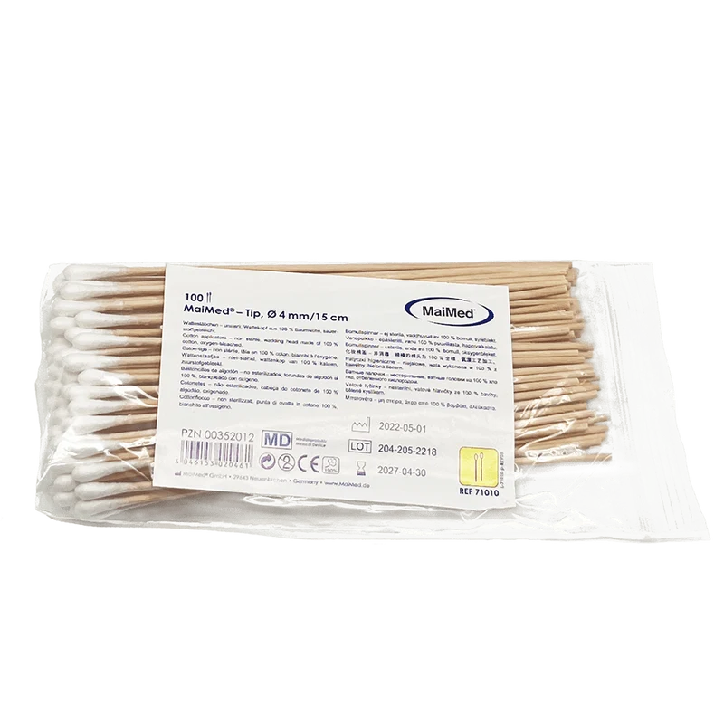 MaiMed - Tip unsteril Wattestäbchen, 15 cm lang, Holzstab | Packung (100 Stück)