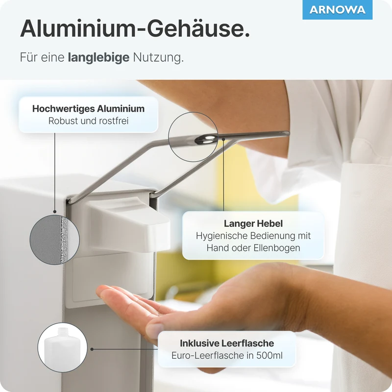 ARNOMED DISPENSER Manueller Seifen- und Desinfektionsmittelspender aus Aluminium