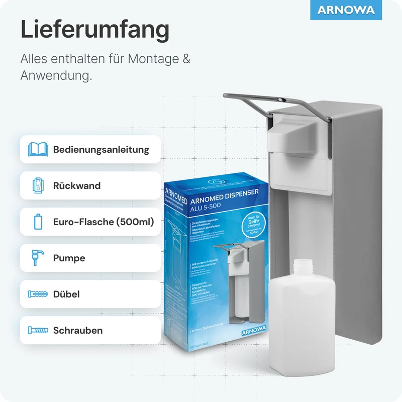 ARNOMED DISPENSER Manueller Seifen- und Desinfektionsmittelspender aus Aluminium