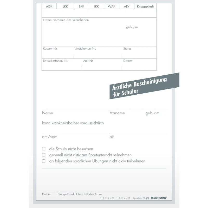 Ärztliche Bescheinigung für Schüler