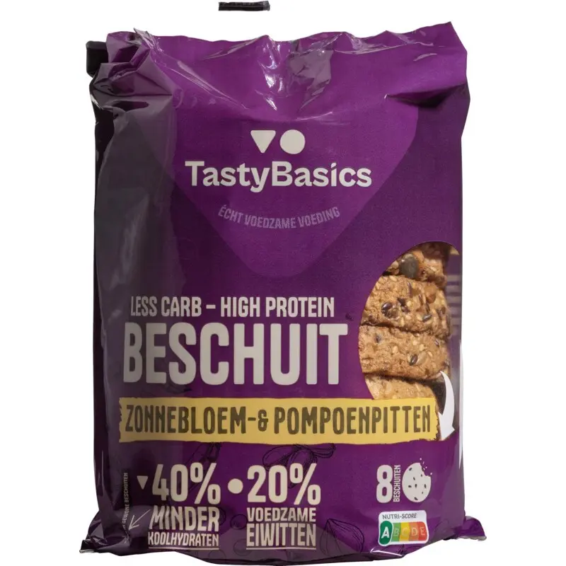 Tastybasics Less carb-high protein beschuit zonnebl/pompoenpit 168 gram