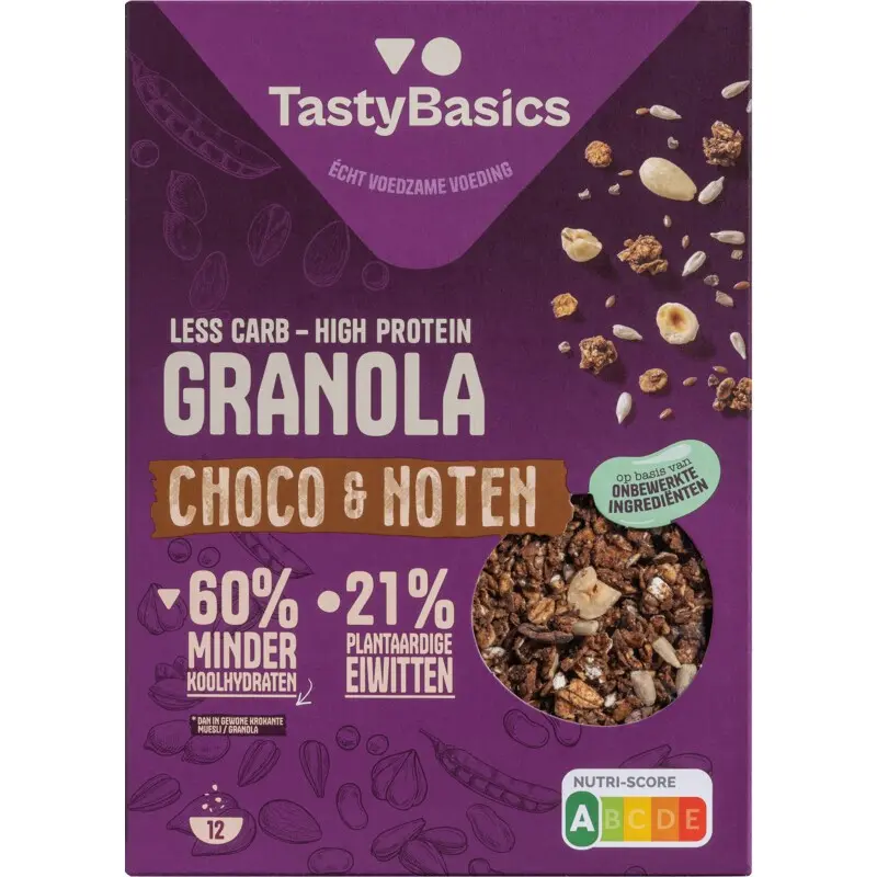 Tastybasics Less carb-high protein granola choco en noten 350 gram