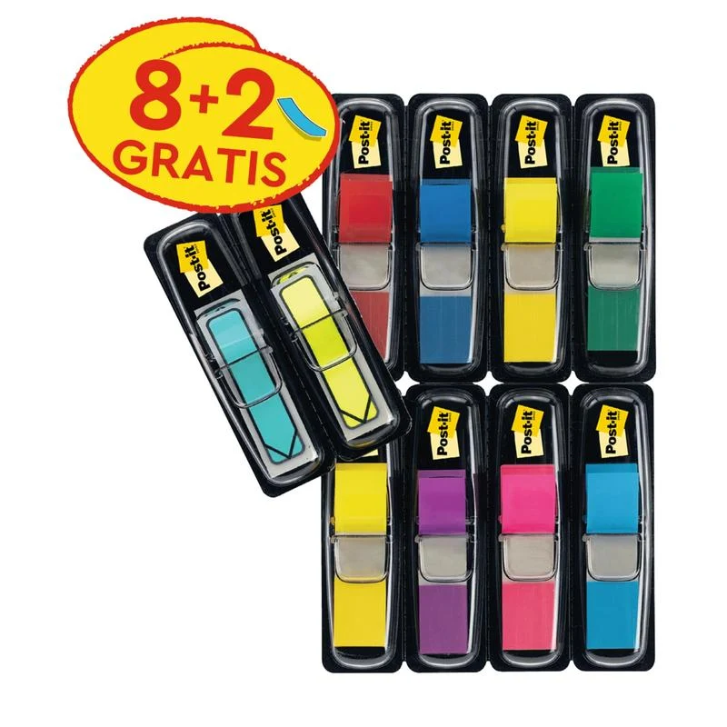 Post-it® Index Haftstreifen, Mini, Verschiedene Farben, 11.9 mm x 43.2 mm, Promotion + Post-it® Index Pfeile, Blau und Gelb, 11.9 mm x 43.2 mm, 8 Spender + 4 Gratis/Packung | Packung (1 Stück)