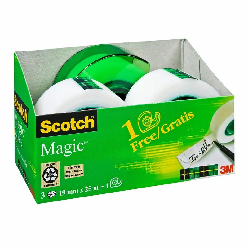Scotch® Magic™ Unsichtbares Klebeband, 3 Rollen, 19 mm x 25 m + 1 Handabroller GRATIS | Packung (1 Stück)