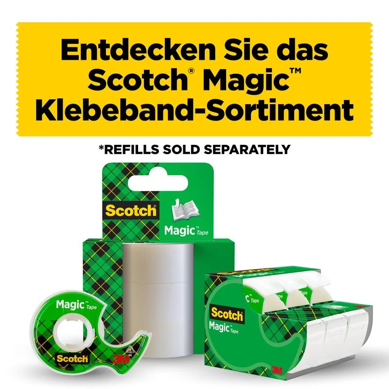 Scotch® Magic™ Unsichtbares Klebeband, 3 Rollen, 19 mm x 25 m + 1 Handabroller GRATIS | Packung (1 Stück)