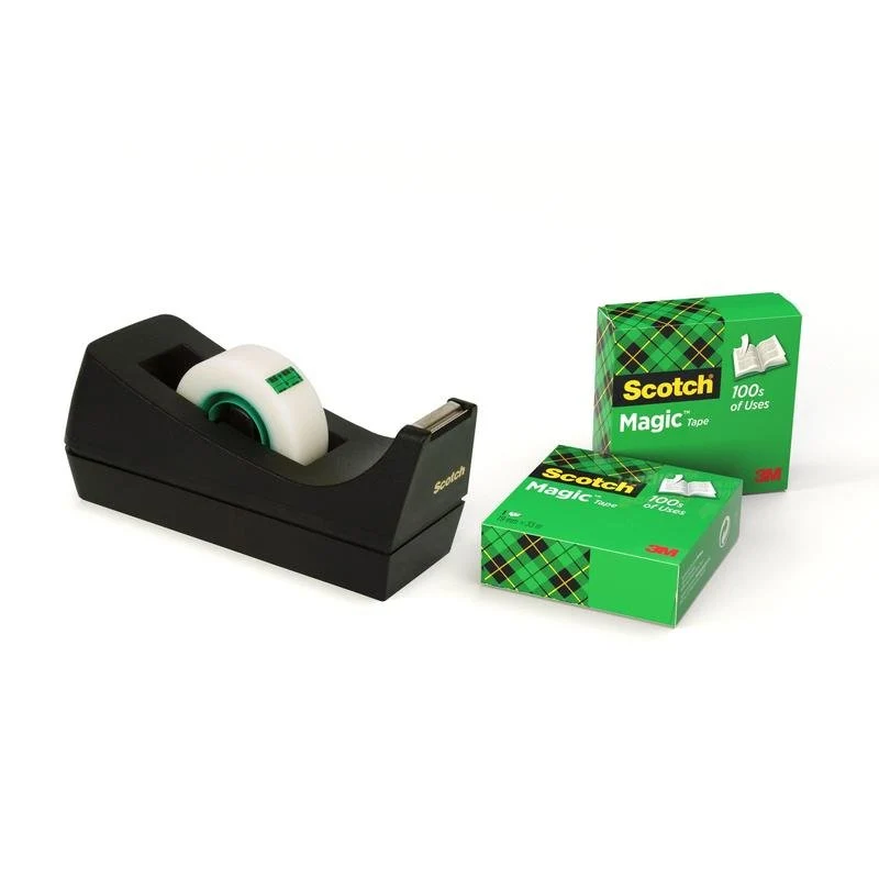 Scotch™ Schreibtisch-Klebebandabroller C38, Schwarz + Scotch® Magic™ Unsichtbares Klebeband, 19 mm x 33 m, 3 Rollen/Packung | Packung (1 Stück)