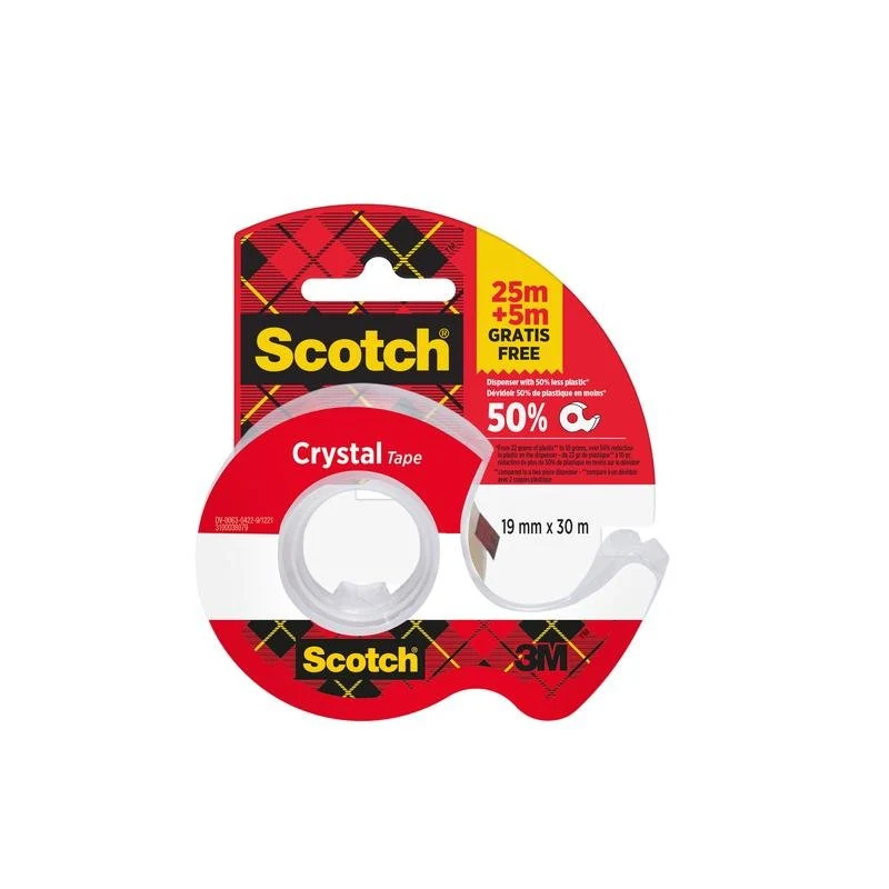 Scotch® Crystal Klebeband, 19mm x 25 m, 1 Rolle auf Handabroller/Packung + 5 m GRATIS