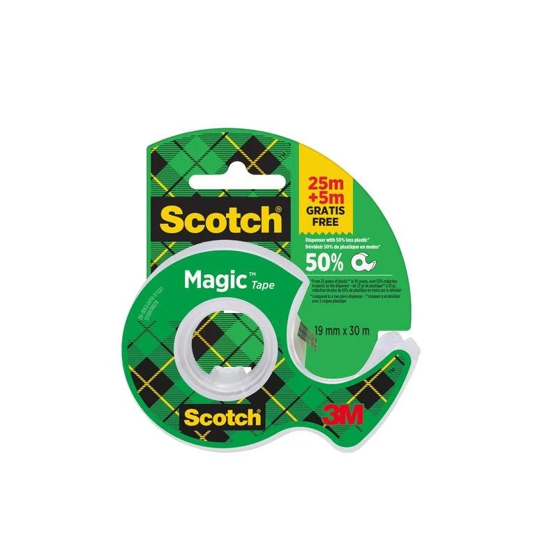 Scotch® Magic™ Unsichtbares Klebeband, 19 mm x 25 mm, 1 Rolle auf Handabroller/Packung + 5 m GRATIS