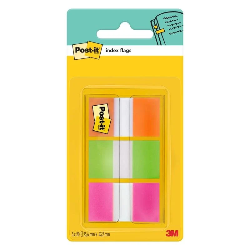 Post-it® Index Haftstreifen, Standard, Orange, Rosa und Grün, 25.4 mm x 43.2 mm, 60 Haftstreifen/Spender, 1 Spender/Packung | 1 Stück
