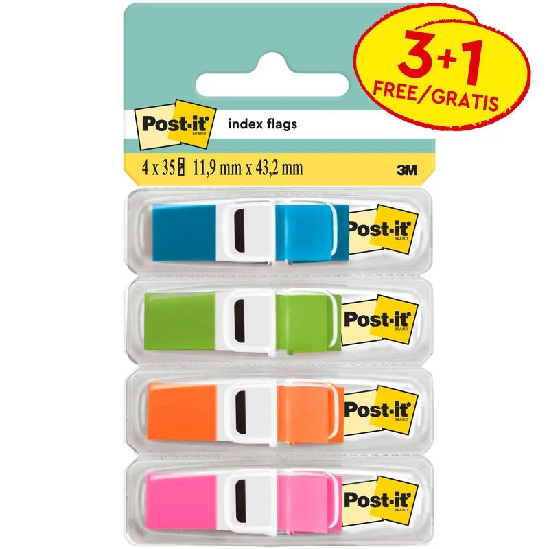 Post-it® Index Haftstreifen, Mini, Transluzente Farben, 11.9 mm x 43.2 mm, Promotion, 35 Haftstreifen/Spender, 3 Spender + 1 Gratis/Packung | 1 Stück