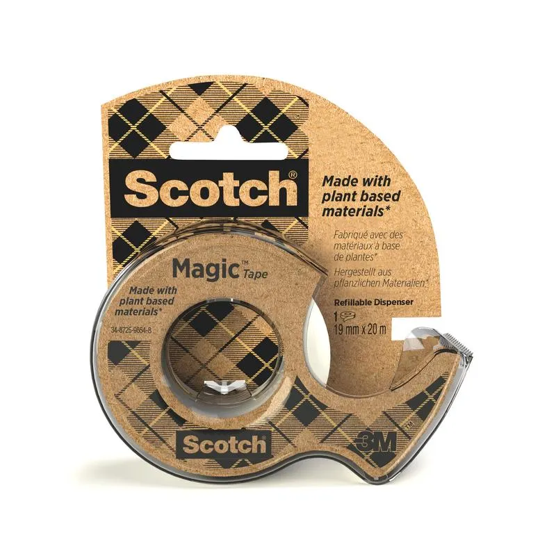 Scotch® Magic™ Klebeband, mit 66 % pflanzlichem Klebstoff hergestellt, 19 mm x 20 m, 1 Rolle + 1 Abroller aus Recyclingmaterial/Packung | Packung (1 Rolle)