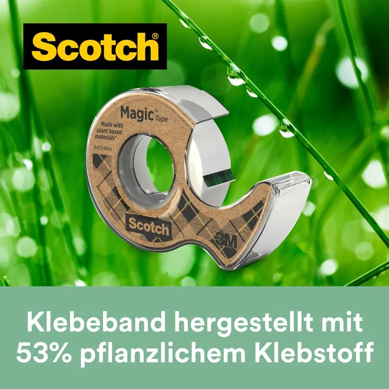 Scotch® Magic™ Klebeband, mit 66 % pflanzlichem Klebstoff hergestellt, 19 mm x 20 m, 1 Rolle + 1 Abroller aus Recyclingmaterial/Packung | Packung (1 Rolle)