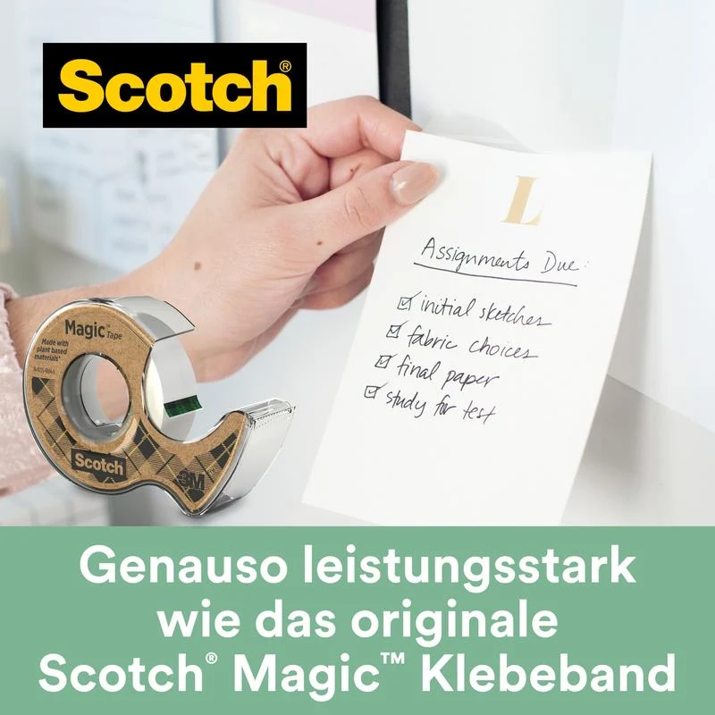 Scotch® Magic™ Klebeband, mit 66 % pflanzlichem Klebstoff hergestellt, 19 mm x 20 m, 1 Rolle + 1 Abroller aus Recyclingmaterial/Packung | Packung (1 Rolle)