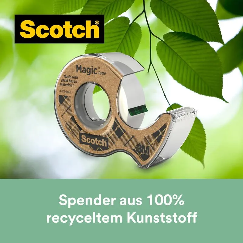 Scotch® Magic™ Klebeband, mit 66 % pflanzlichem Klebstoff hergestellt, 19 mm x 20 m, 1 Rolle + 1 Abroller aus Recyclingmaterial/Packung | Packung (1 Rolle)