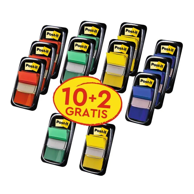 Post-it® Index Haftstreifen, Standard, Verschiedene Farben, 25.4 mm x 43.2 mm, Promotion, 50 Haftstreifen/Spender, 10 Spender + 2 Gratis/Packung | Packung (1 Set)