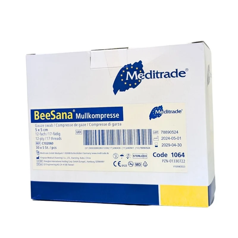 Meditrade BeeSana® Mullkompresse, ohne RöKo, steril, 12-fach, 5 x 5 cm | Packung (150 Stück)