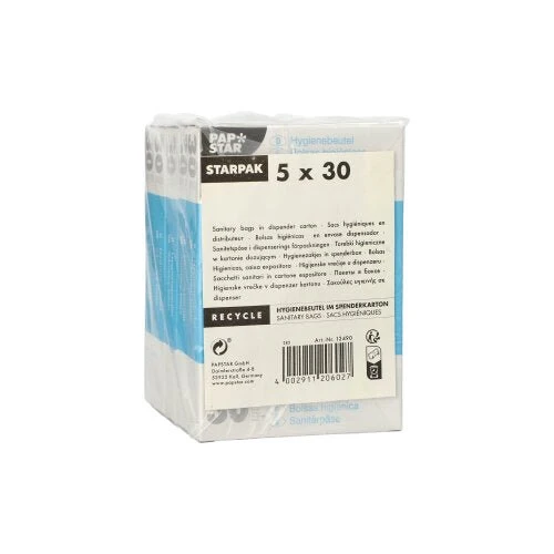 Starpak 150 Hygienebeutel 28,5 cm x 8 cm x 7 cm weiss im Spenderkarton | Folie (150 Stück)