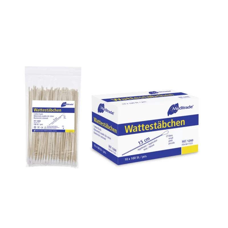 Meditrade Wattestäbchen aus Holz, kleiner Kopf 15 cm, 100 Stück je Beutel | Packung (10 Beutel)