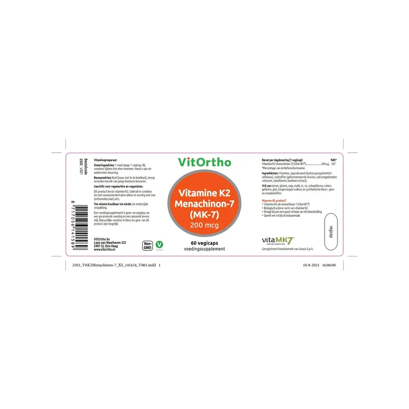 VitOrtho Vitamine K2 menachinon 7 200 mcg 60 vcaps